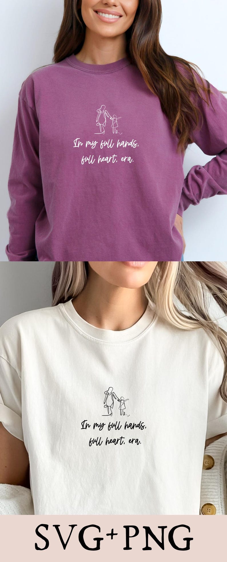 K&ouml;nnte beinhalten: Zwei Bilder eines wei&szlig;en T-Shirts mit einer Strichzeichnung einer Mutter und eines Kindes, die sich an den H&auml;nden halten. Der Text "In my full hands, full heart, era." ist auf das Shirt gedruckt.