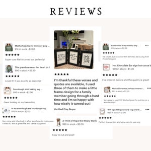 May include: A collage of Etsy product reviews with images of digital downloads. The reviews are positive and include comments about the quality of the products and the ease of use. The products include a digital download of a quote about motherhood, a digital download of a quote about hope, and a digital download of a sign for a hot chocolate bar.