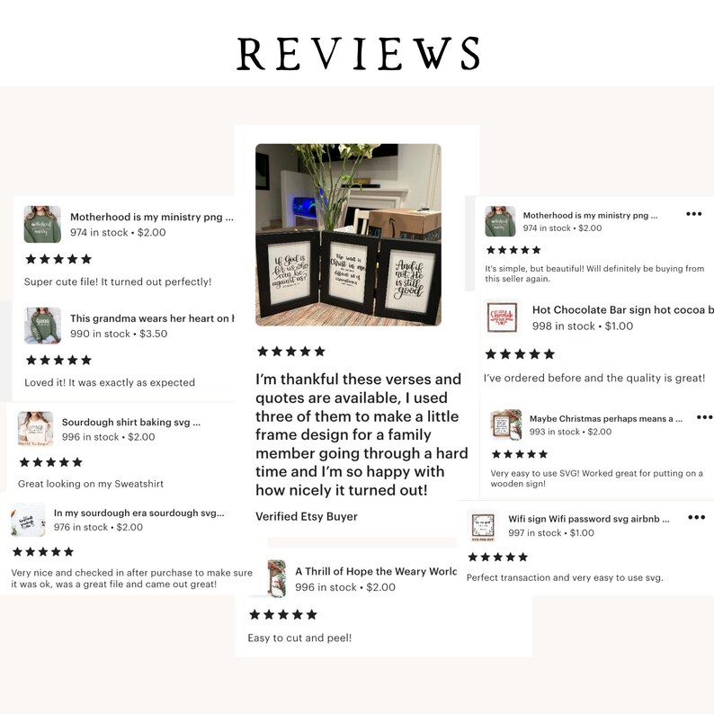 May include: A collage of Etsy product reviews with images of digital downloads. The reviews are positive and include comments about the quality of the products and the ease of use. The products include a digital download of a quote about motherhood, a digital download of a quote about hope, and a digital download of a sign for a hot chocolate bar.