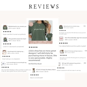 K&ouml;nnte beinhalten: Eine Collage von Kundenbewertungen f&uuml;r digitale Design-Dateien. Die Bewertungen sind positiv und beinhalten Kommentare zur Qualit&auml;t der Designs, zur Reaktionsf&auml;higkeit des Verk&auml;ufers und zur Benutzerfreundlichkeit. Die Designs umfassen eine Vielzahl von Themen, wie z. B. Mutterschaft, Backen und Weihnachten.