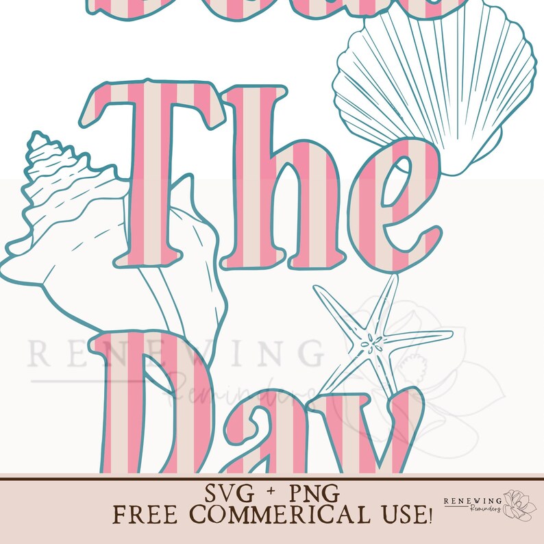 May include: Pink and white striped text that reads "Save The Day" with a seashell and starfish design.  SVG + PNG. Free Commercial Use!
