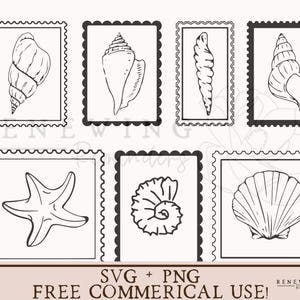 May include: Black and white line art illustrations of various seashells and a starfish, each within a postage stamp-style frame. The bottom of the image includes the text "SVG + PNG FREE COMMERCIAL USE!"