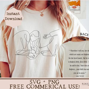 Diseño de camiseta cristiana de moda svg, diseño de camiseta delantera y trasera, diseño de sublimación de Pascua, tarro de alabastro svg, versículo bíblico, camiseta png, María lavando los pies de Jesús