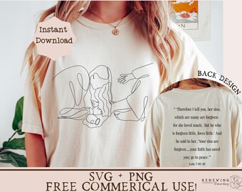 May include: A white t-shirt with a line drawing of a woman kneeling and a man with his hand outstretched. The text on the back of the shirt reads "Therefore I tell you, her sins, which are many are forgiven- for she loved much. But he who is forgiven little, loves little: And he said to her, 'Your sins are forgiven...your faith has saved you; go in peace.' Luke 7:45-48"