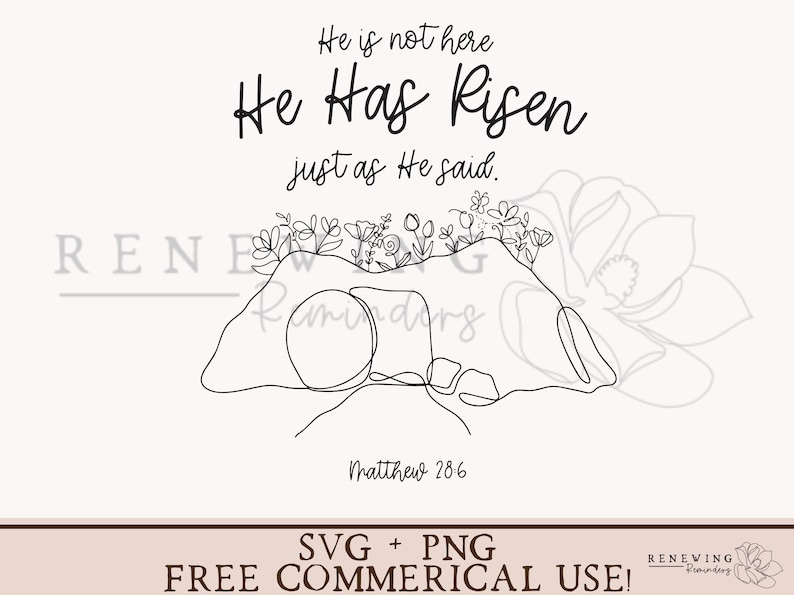 May include: Line art illustration with the text "He is not here, He Has Risen, just as He said." A tomb with flowers is depicted. The text "Matthew 28:6" is also included. The bottom of the image says "SVG + PNG FREE COMMERICAL USE!"