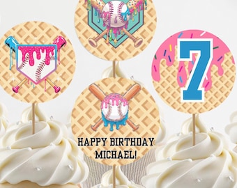 Ice Cream Drip Baseball Verjaardagsfeestje Decoraties, Cupcake Toppers, Stickers, Thuis afdrukken PDF, Baseball Drip Party, Instant Download, DIY