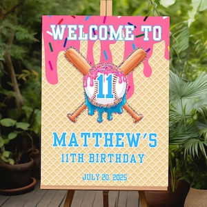 May include: A baseball-themed birthday party sign with the text "WELCOME TO" at the top, and "MATTHEW'S 11TH BIRTHDAY" below a baseball and crossed bats graphic. The date "JULY 20, 2025" is at the bottom. The sign is on an easel.