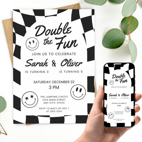 Checkered Joint Birthday Party, Retro Smiley Face Invite, Sibling Double Invitation, Printable Digital Download, Boy and Girl, Twin Birthday