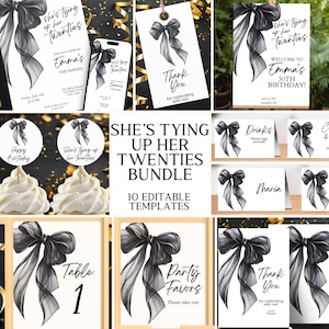 Op de afbeelding: Een verzameling zwart-witte feestversieringen met een strikdesign. Inclusief uitnodigingen, bedankkaartjes, tafelkaarten en cupcake toppers. De tekst luidt "She's Tying Up Her Twenties Bundle" en "Emma's 30th Birthday!"