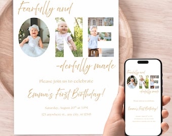 Fearfully and One-derfully Made First Birthday Invitation with Photo, Christian Birthday Invite, Editable Digital Template, 1st bday, Boho