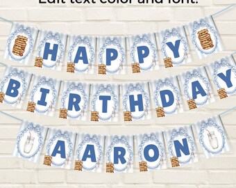 May include: A blue and white banner with the words "HAPPY BIRTHDAY AARON" in blue letters. The banner has a cookie and milk theme, with illustrations of cookies and milk bottles. The text "Edit text color and font!" is at the top.