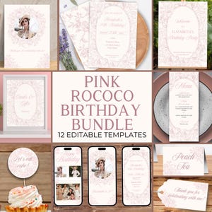 May include: A pink Rococo birthday bundle with 12 editable templates. The bundle includes invitations, menus, and cards with floral designs and the text "Pink Rococo Birthday Bundle". The invitations feature a photo of a woman in a hat.