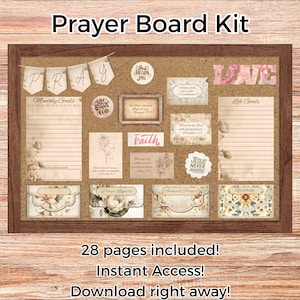 Op de afbeelding: Een gebedsbordkit met een houten frame en een kurkbord. Het bord bevat decoratieve kaarten met de woorden "PRAY", "Faith" en "LOVE". Het bevat ook kaarten met de zinnen "Monthly Goals" en "Life Goals".