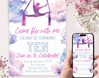 Luchtfoto zijde verjaardagsuitnodiging, bewerkbare digitale sjabloon voor gymnastiek yoga feest, mobiele uitnodigen, Instant Download, DIY