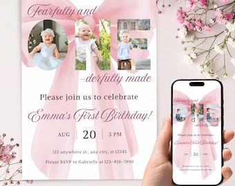 Fearfully and One-derfully Made Birthday Invitation with Photo, Christian First Birthday Invite, Editable Digital Template, 1st bday, Bible
