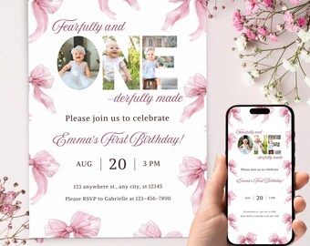 Fearfully and One-derfully Made Birthday Invitation with Photo, Christian First Birthday Invite, Editable Digital Template, 1st bday, Bible