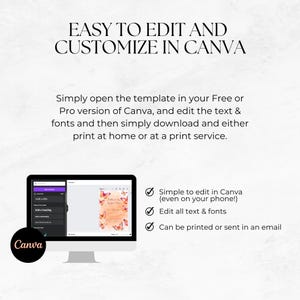 Op de afbeelding: Een digitale sjabloonadvertentie met de tekst EASY TO EDIT AND CUSTOMIZE IN CANVA. Het toont een computermonitor met een ontwerpinterface met vlinderafbeeldingen, naast een lijst met functies voor het bewerken van tekst en lettertypen.