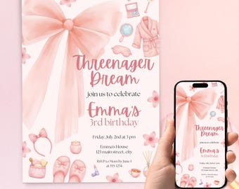 Threenager Dream födelsedagsinbjudan, redigerbar 3:e inbjudningsmall, Little Miss Threenager Era, digital nedladdning, rosa rosett födelsedagsinbjudan, spa