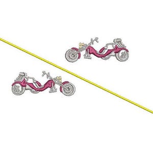 May include: Two pink and silver motorcycle designs. The motorcycles have a three-wheel design. A yellow line is diagonally across the image. The background is white.