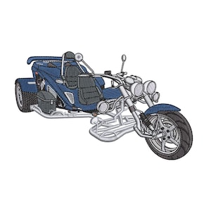May include: Embroidered design of a blue trike motorcycle with three wheels. The motorcycle has a silver frame, black tires, and multiple headlights. The seat and storage compartments are also blue. The design is on a white background.