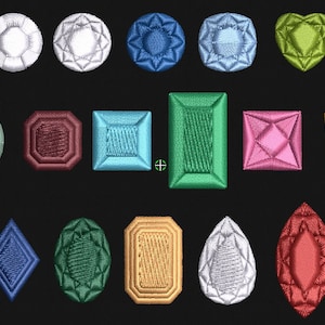 May include: A collection of 15 different colored and shaped embroidered patches featuring various gemstone designs. The patches are all on a black background.