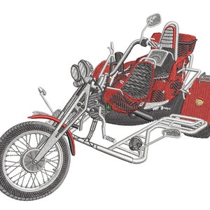 Könnte beinhalten: Ein rotes, dreirädriges Motorrad mit einem verchromten Rahmen und einem schwarzen Sitz. Das Motorrad hat ein großes Vorderrad und zwei kleinere Hinterräder.