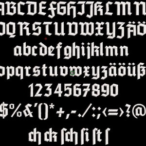 Alfabeto bordado Tannenberg, estilo alemán antiguo, 25 mm de alto, letras y signos especiales, 100 caracteres