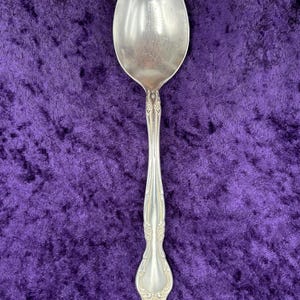 May include: A silver teaspoon with an ornate handle. The spoon is on a purple velvet background.