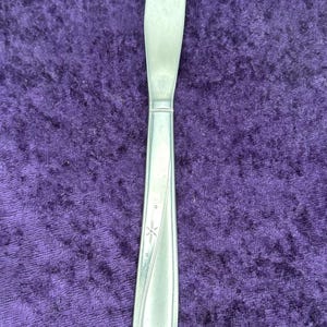 May include: A silver butter knife with a textured blade and a star design on the handle.