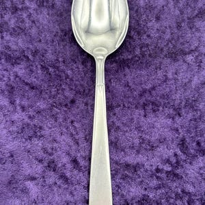 May include: A silver spoon with a rounded bowl and a long, slender handle. The spoon is on a purple velvet background.