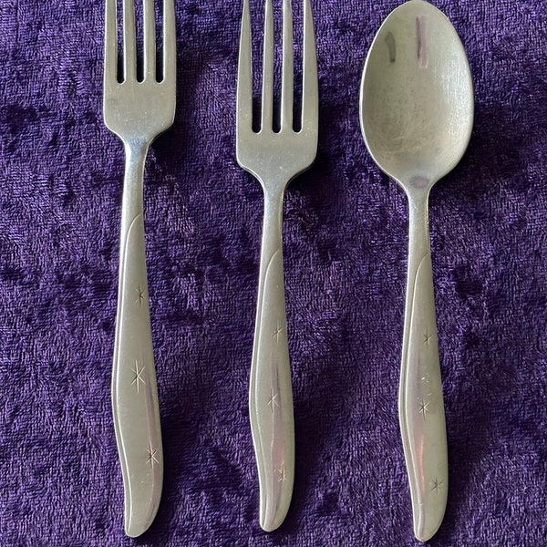 CITATION - Mar-CREST Vintage Stainless, MCM Atomic Starburst, 1 Dinner Fork, 1 Salad Fork, 1 Teaspoon