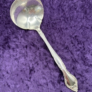 May include: A silver ladle with a round bowl and a long, ornate handle. The handle features a decorative floral design and a curved end. The ladle is set against a deep purple velvet background.