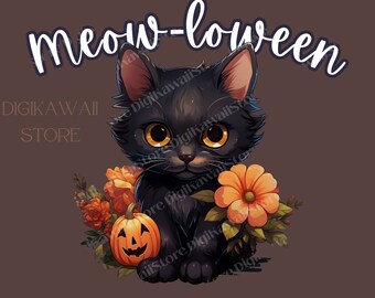 Halloween PNG/SVG, Cute Black Cat, Autumn sublimation design, Fall PNG, Pumpkins, Watercolor Sublimation, Instant download, Halloween Cat