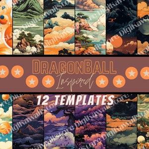 Puede incluir: Doce plantillas digitales inspiradas en Dragonball Z. Las plantillas presentan una variedad de paisajes con montañas, nubes y planetas. El texto "DRAGONBALL Inspired" se muestra en el centro de la imagen.