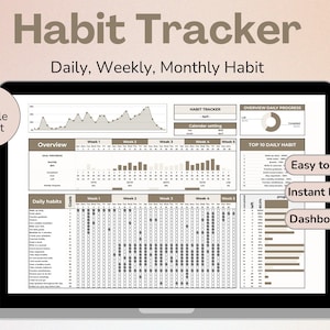 Puede incluir: Una plantilla de seguimiento de hábitos de Google Sheet con secciones de tablero, descripción general y hábitos diarios. La plantilla está diseñada para realizar un seguimiento de los hábitos diarios, semanales y mensuales. La imagen muestra la pantalla de una computadora portátil que muestra la plantilla.