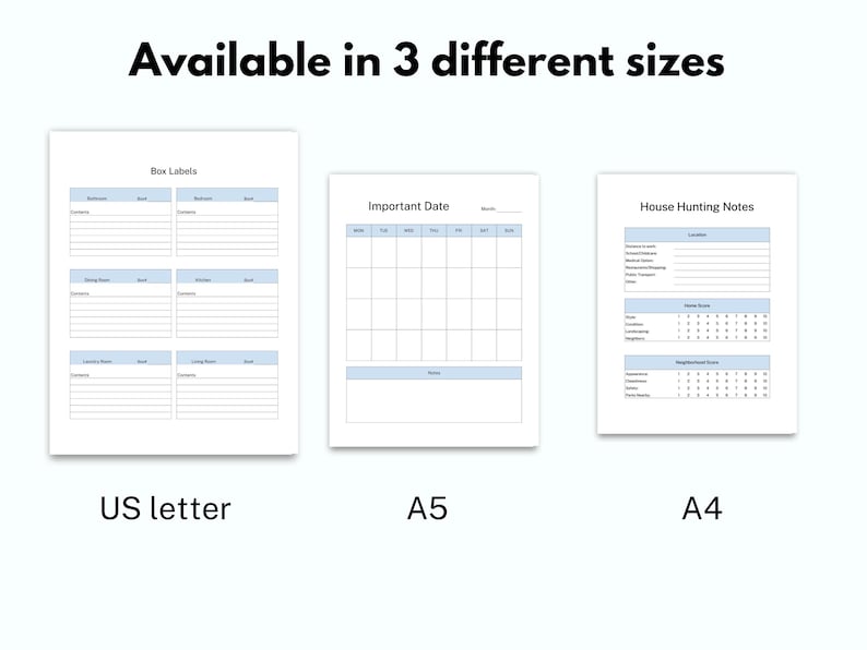 May include: Three printable planner pages in US Letter, A5, and A4 sizes. The pages include a box label template, an important dates calendar, and a house hunting notes page.
