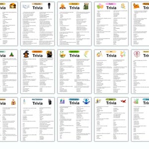 Puede incluir: Un conjunto de tarjetas de trivia sobre diversos temas, incluyendo Vida Silvestre, Etiqueta, Pascua y Halloween. Cada tarjeta presenta un t&iacute;tulo tem&aacute;tico y una serie de preguntas de opci&oacute;n m&uacute;ltiple. Las tarjetas est&aacute;n impresas en papel blanco con texto negro.
