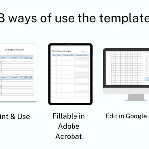 May include: A graphic showing three ways to use a symptom tracker template: print and use, fill in Adobe Acrobat, and edit in Google Sheets.