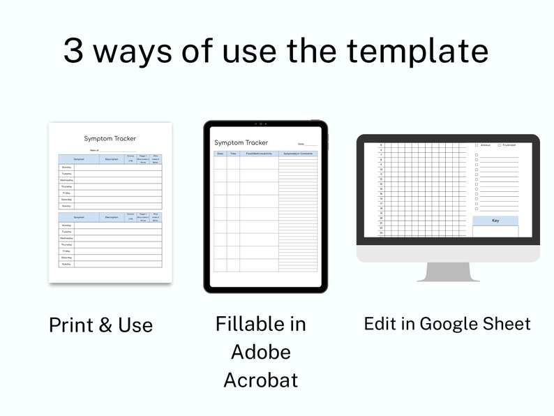 May include: A graphic showing three ways to use a symptom tracker template: print and use, fill in Adobe Acrobat, and edit in Google Sheets.