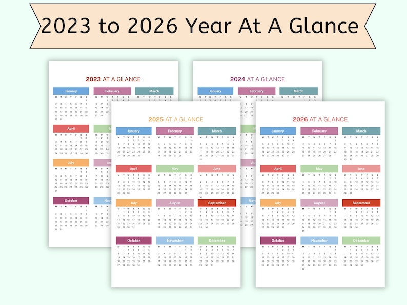 May include: A printable calendar for the years 2023 to 2026. Each year is divided into 12 months, with each month displayed in a separate box. The months are color-coded in shades of blue, green, red, orange, and purple.