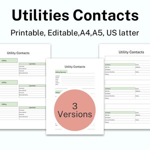 Op de afbeelding: Drie afdrukbare contactlijsten voor nutsbedrijven met verschillende lay-outs. Elke lijst bevat velden voor bedrijf, dienst, rekeningnummer, telefoon, e-mail, adres en inloggegevens. De lijsten zijn getiteld "Contacten voor nutsbedrijven".