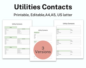 Utility Contacts Template Printable, Utility Service Address Book, Utility Information Tracker, Service Provider Contact List, Home Binder