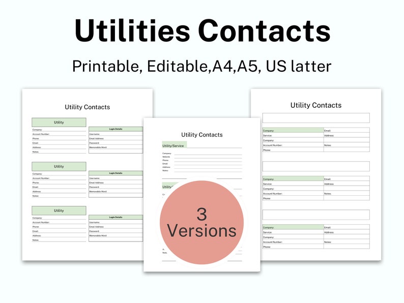 Utility Contacts Template Printable, Utility Service Address Book ...