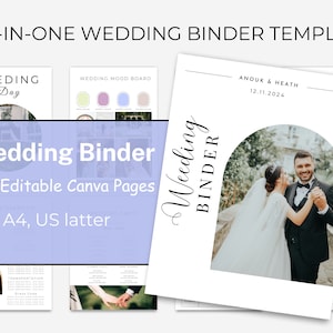 Puede incluir: Una plantilla de carpeta de boda de color morado y blanco con el texto "Wedding Binder" y "450+ Editable Canva Pages" y "A4, US latter". La portada presenta una foto de una pareja bailando en un jardín.