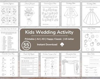 Puede incluir: Un conjunto de páginas de actividades de boda para niños imprimibles. Las páginas incluyen juegos de diferencias, páginas para colorear, juegos de emparejamiento y otras actividades divertidas. La portada muestra el texto "Kids Wedding Activity" y "55 Pages".