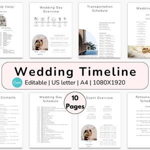 May include: A printable wedding timeline planner with 10 pages. The planner includes sections for the wedding day overview, transportation schedule, wedding party, vendor contacts, wedding day schedule, event overview, and rehearsal day schedule. The planner is editable and can be printed on US letter or A4 paper.