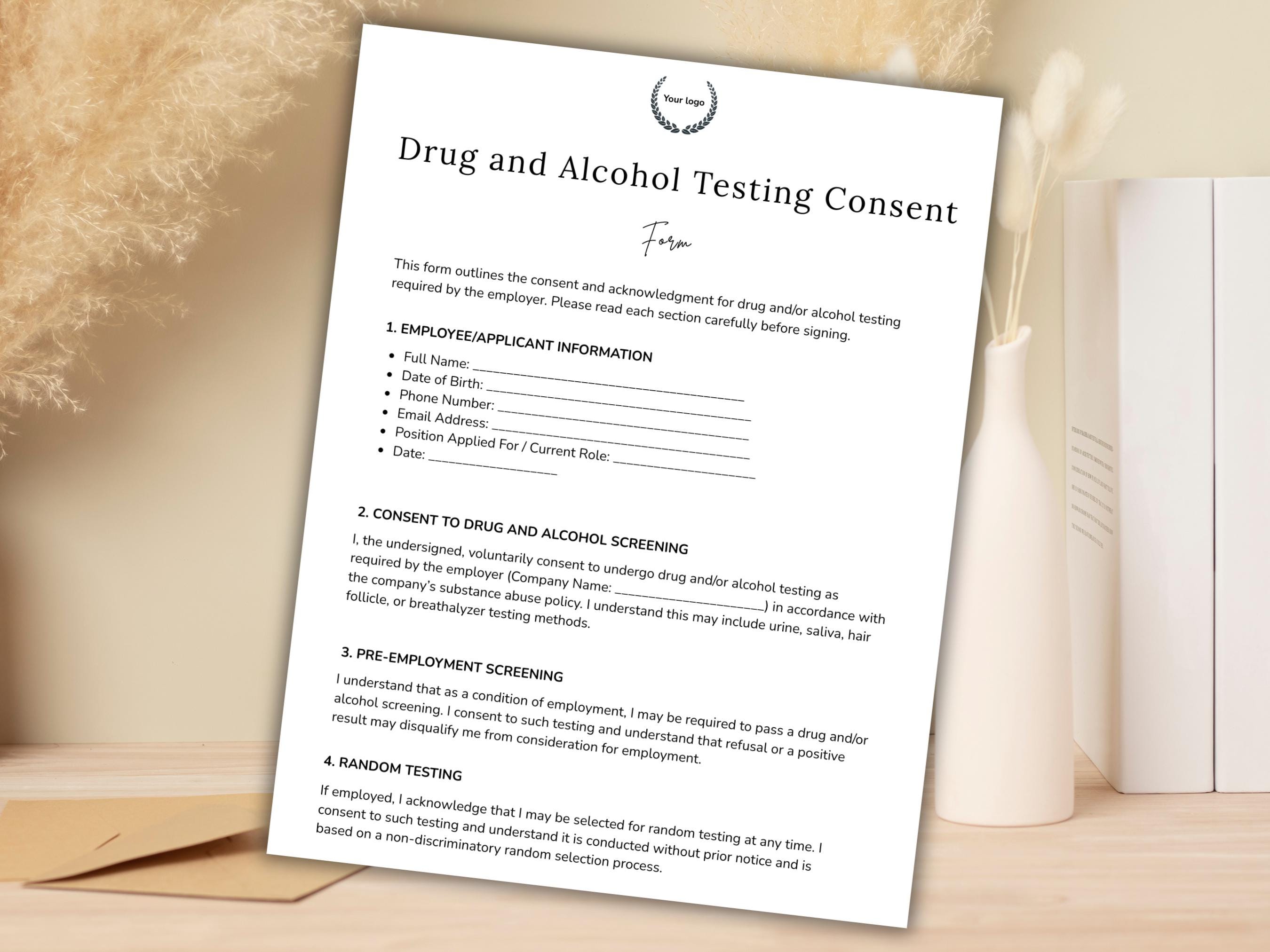 Editable Drug and Alcohol Testing Consent Form Template, Testing ...