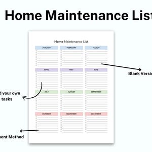 Peut inclure: Une liste de t&acirc;ches de maintenance de la maison imprimable avec une mise en page de calendrier mensuel. La liste est divis&eacute;e en 12 mois, avec de l'espace pour les t&acirc;ches et les notes. Les mois sont cod&eacute;s par couleur avec des couleurs pastel. Le texte "Home Maintenance List" est en haut de la page.