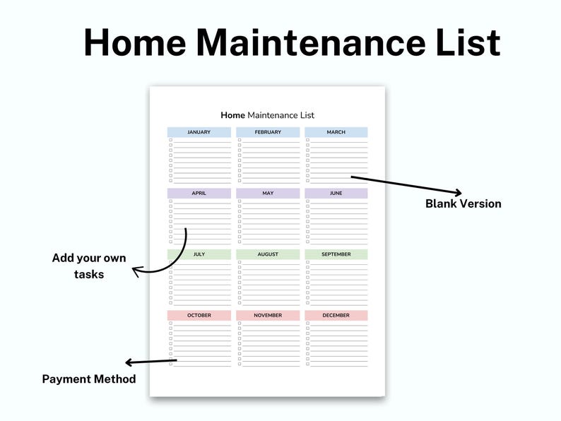 Peut inclure: Une liste de t&acirc;ches de maintenance de la maison imprimable avec une mise en page de calendrier mensuel. La liste est divis&eacute;e en 12 mois, avec de l'espace pour les t&acirc;ches et les notes. Les mois sont cod&eacute;s par couleur avec des couleurs pastel. Le texte "Home Maintenance List" est en haut de la page.