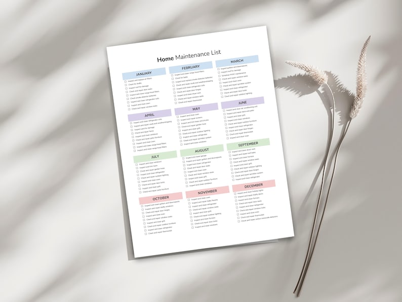 Peut inclure: Une liste de contr&ocirc;le d'entretien de la maison imprimable avec une liste de t&acirc;ches &agrave; effectuer chaque mois de l'ann&eacute;e. La liste de contr&ocirc;le est divis&eacute;e en 12 sections, une pour chaque mois, et chaque section contient une liste de t&acirc;ches &agrave; effectuer. La liste de contr&ocirc;le est con&ccedil;ue pour aider les propri&eacute;taires &agrave; maintenir leurs maisons en bon &eacute;tat.